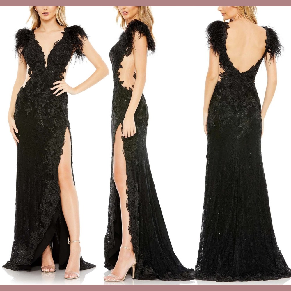 NEW Mac Duggal [ 4‎ ] 67782 Feather Cap Sleeve Lace Gown High Slit Black #J1437